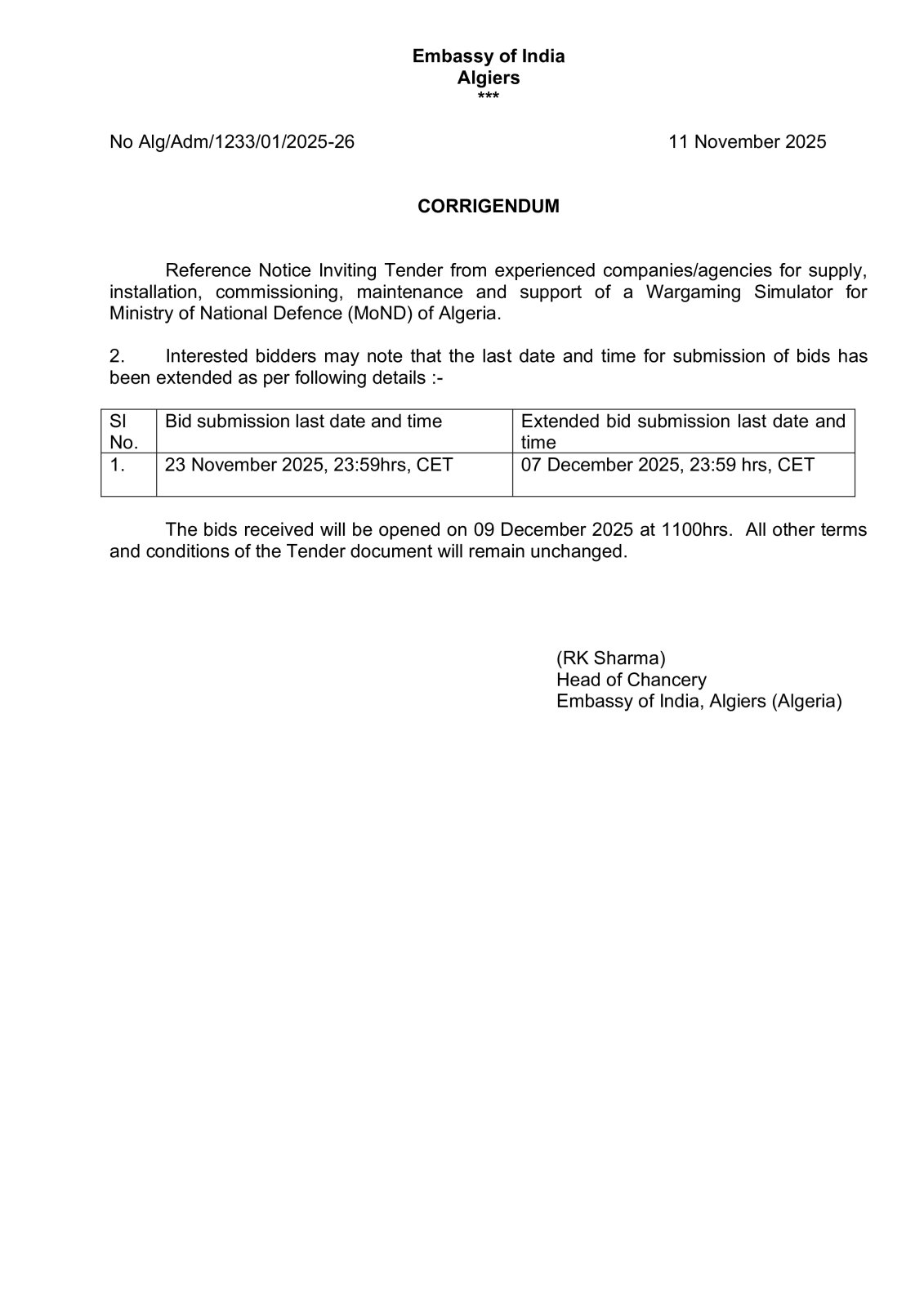 Corrigendum for extension of bid submission date till 7 December 2025 for Tender Notice No. ALG/ADM/Alg/Adm/1233/01/2025-26 regarding Wargaming Stimulator.