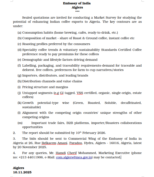 Tender Notice for Market Survey for studying the potential of enhancing Indian coffee exports to Algeria