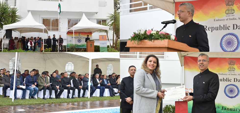 74th Republic Day of India was celebrated in Algeria with diaspora & friends of India. Unfurling of national flag was followed by national anthem, Hon’ble Rashtrapati ji's address to the Nation, cultural performances, patriotic poems, songs, prize distribution and Indian snacks [26 January 2023]